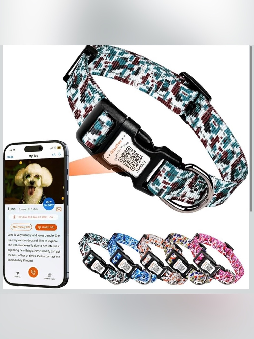 I’ll find you Pet Collar with QR ID Tag — Large - Teal, Brown & White - NWOT